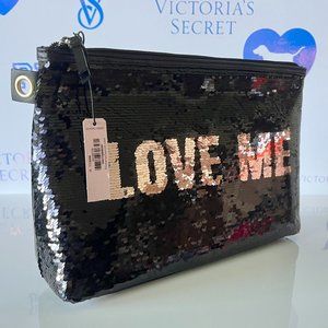 New Victoria's Secret Message Sequin Pouch Clutch Reversible Sequin Bling Love